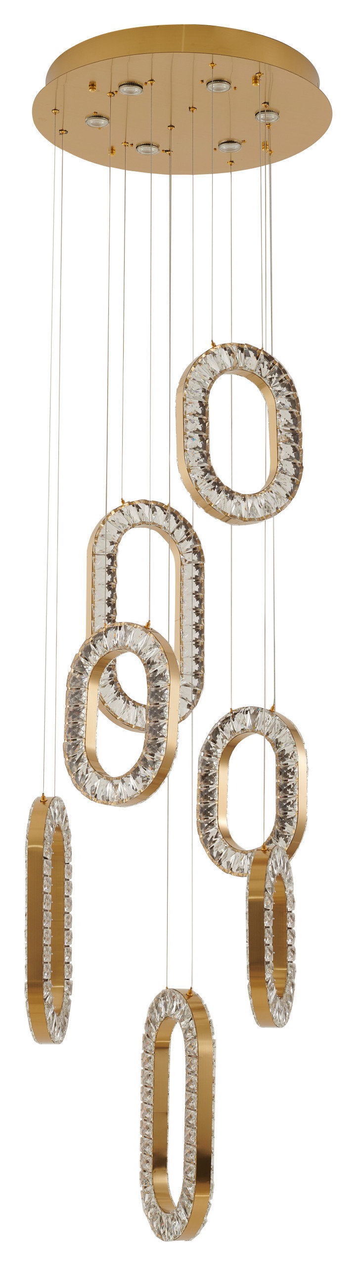 Gold Flushed Frame LED Chandelier With Oval Clear Crystal Hanging PendantsBy Design Living