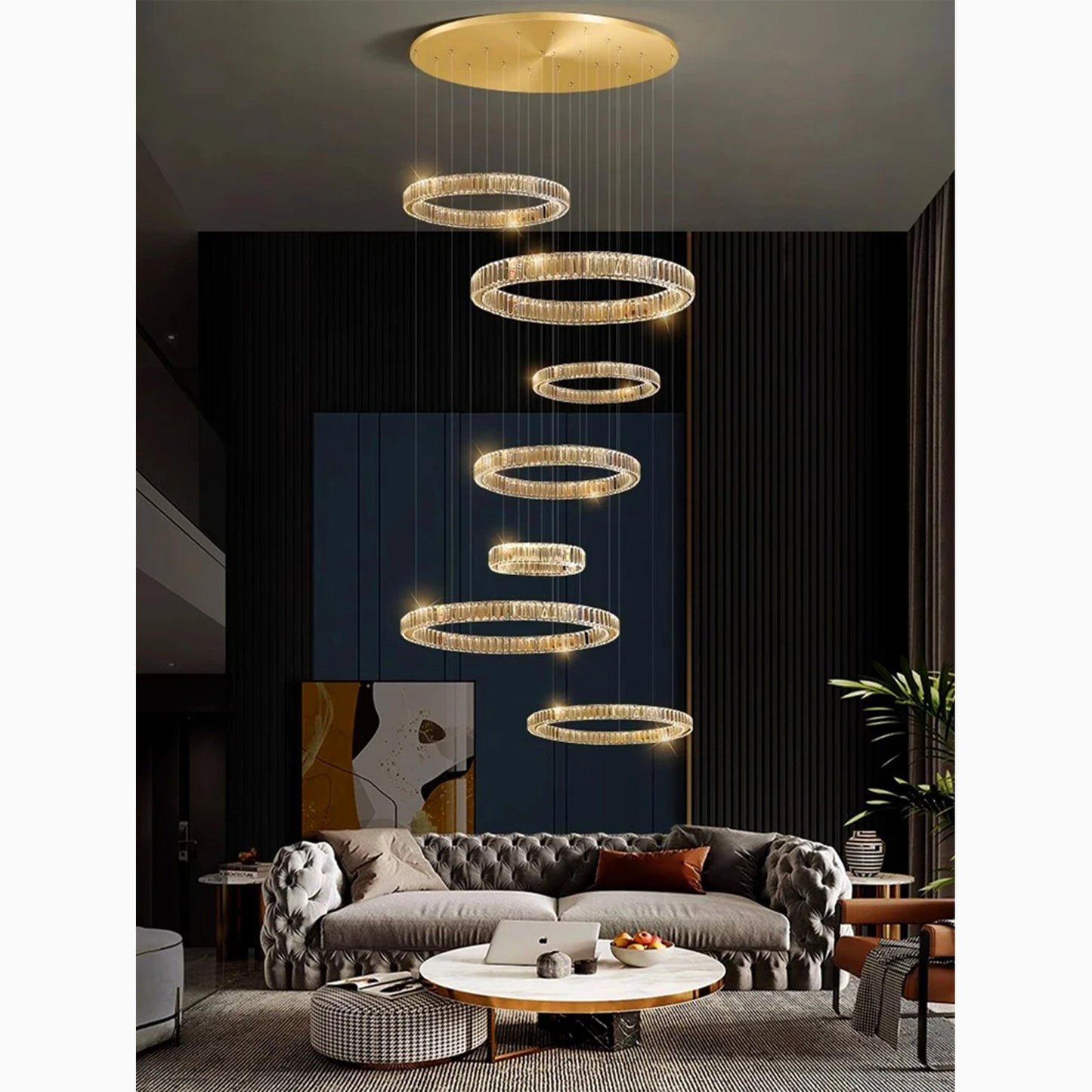 Agrate Conturbia | Stunning Cascading Crystal Rings Pendant Chandelier, Dia50+70+30+40+60+30+40cm / Dia19.7+27.6+11.8+15.7+23.6+11.8+15.7'By Miron Demid LLC