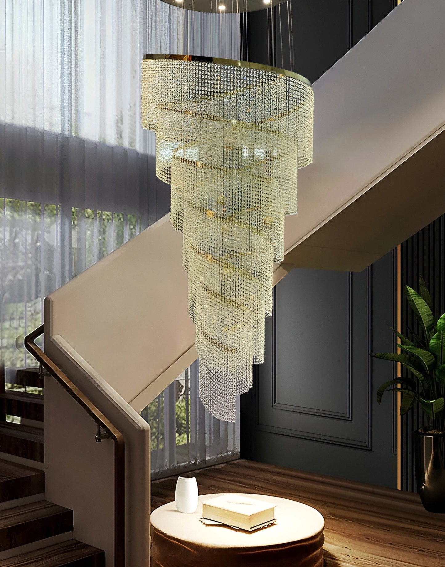 Falicon | Golden/Chrome Crystal Circular Spiral Chandelier, Gold, Dia 39.4xh118.1", Dimmable, Cool LightBy Miron Demid LLC