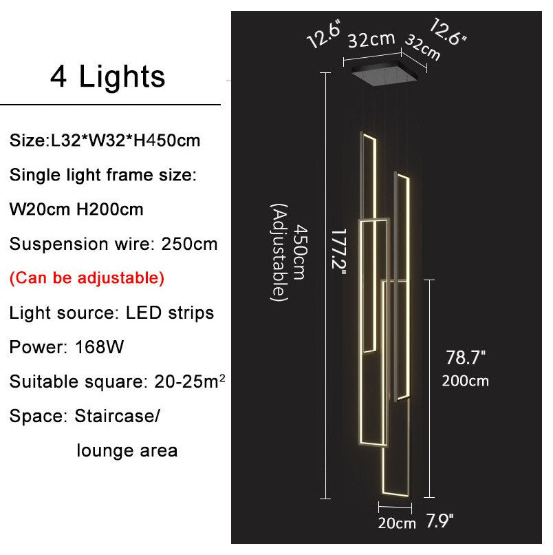 Lavagna | Ultramodern Rectangle Hanging LED Chandelier, Gold, 4 Lights (H177.2"), Cool Light, Non-DimmableBy Miron Demid LLC