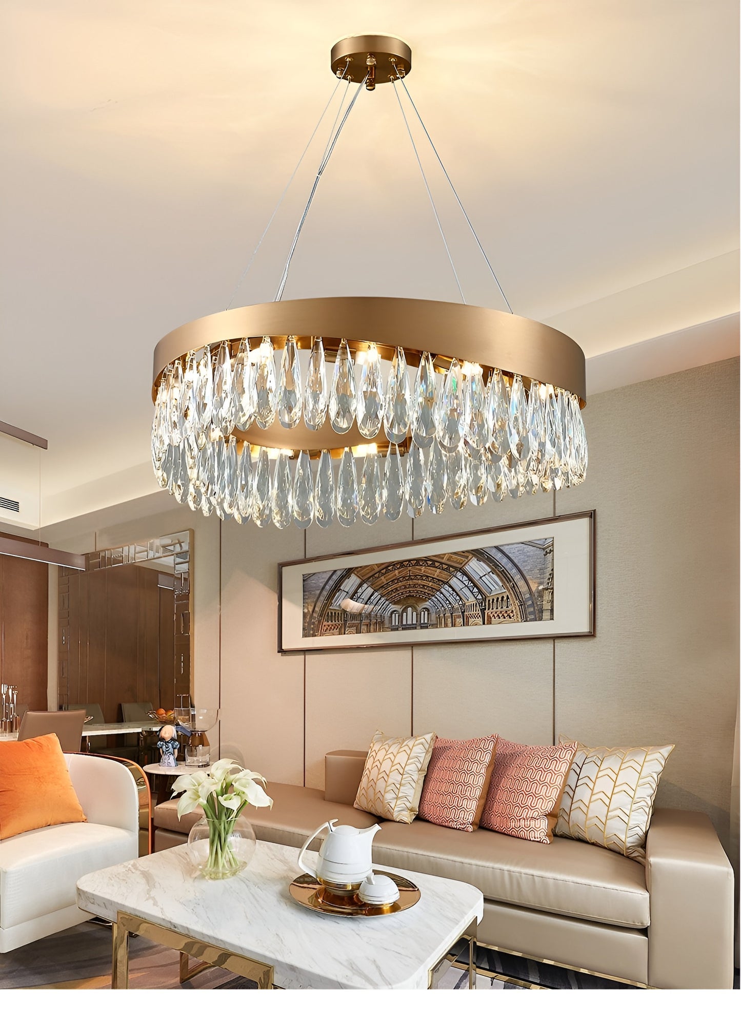 Borgio Verezzi | Gold Crystal Сurve Hanging Light Fixture, 31.5''By Miron Demid LLC