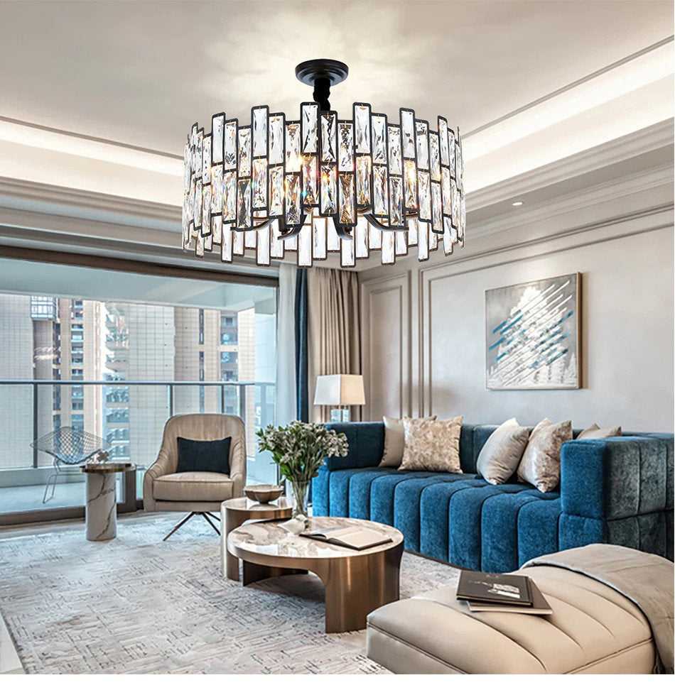 Montreux | Modern Drum Black Crystal Chandelier for Living Room, 23.6"By Miron Demid LLC