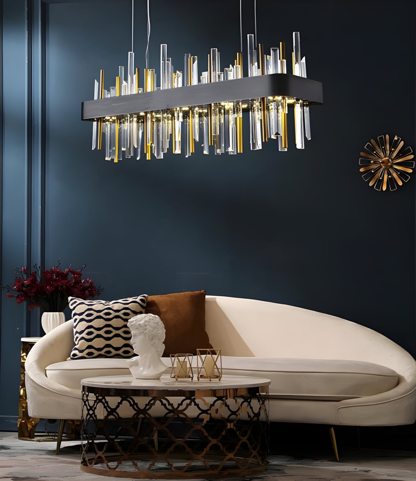 Gold And Black Rectangle Crystal Kitchen Chandelier, Brushed Black, 43.3", Cool LightBy Miron Demid LLC