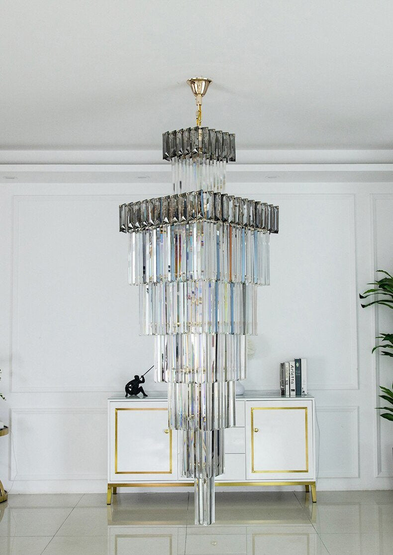 Beuil | High-end Villa Staircase Square Crystal Chandelier, Smoke Gray, H118.1"By Miron Demid LLC