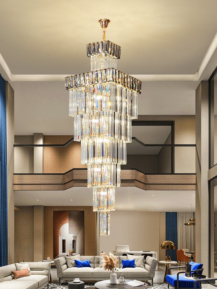 Beuil | High-end Villa Staircase Square Crystal Chandelier, Smoke Gray, H118.1"By Miron Demid LLC