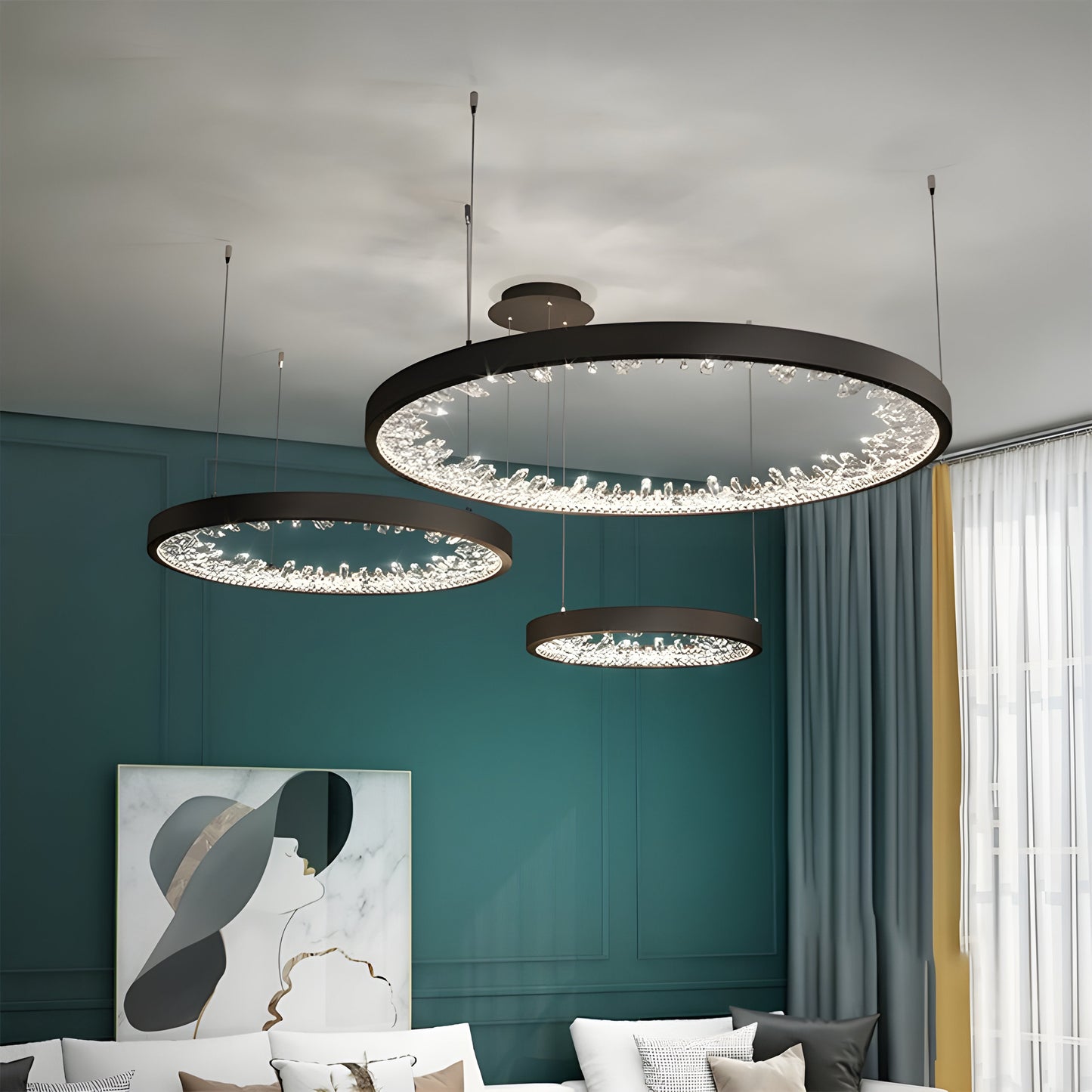 Altidona | Black Rings Modern Crystal Creative Luxury Hanging Led Chandelier, 3 Rings 4 BasesBy Miron Demid LLC