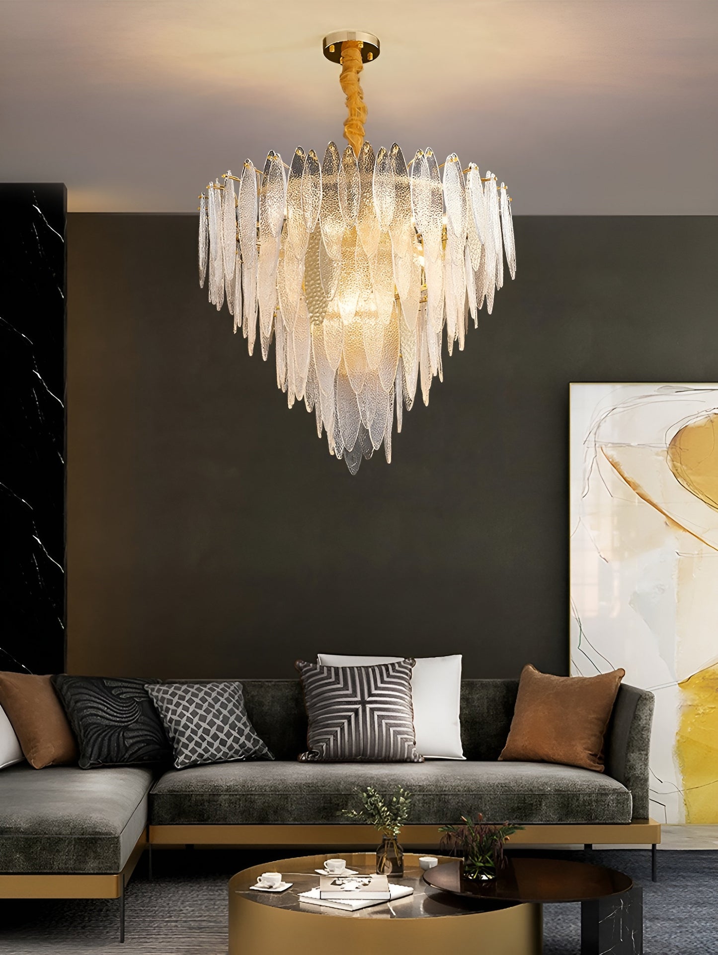 Altavilla Irpina | Round Gold Frosted/Smoke Gray/Blue Crystal Chandelier, Gold, Dia31.5"By Miron Demid LLC