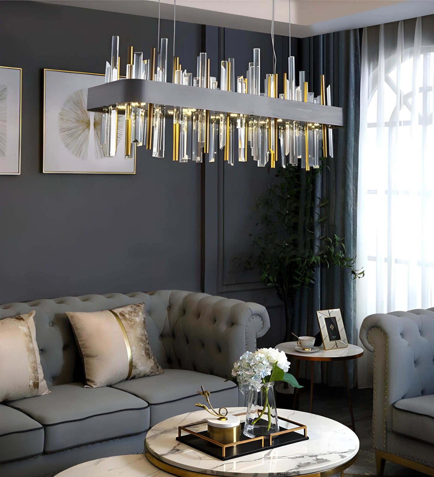 Gold And Black Rectangle Crystal Kitchen Chandelier, Brushed Black, 43.3", Cool LightBy Miron Demid LLC