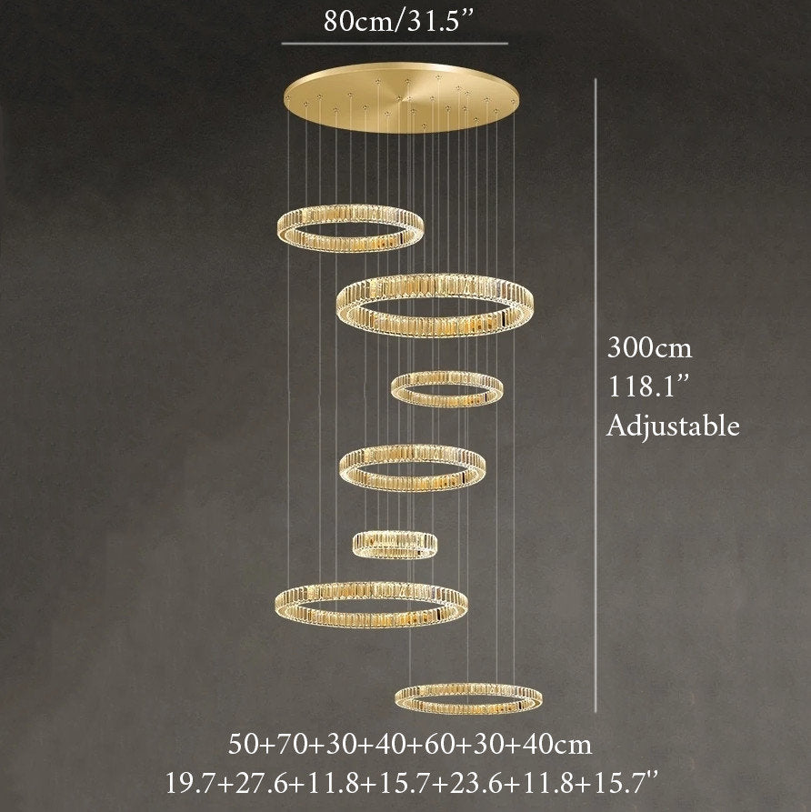Agrate Conturbia | Stunning Cascading Crystal Rings Pendant Chandelier, Dia50+70+30+40+60+30+40cm / Dia19.7+27.6+11.8+15.7+23.6+11.8+15.7'By Miron Demid LLC