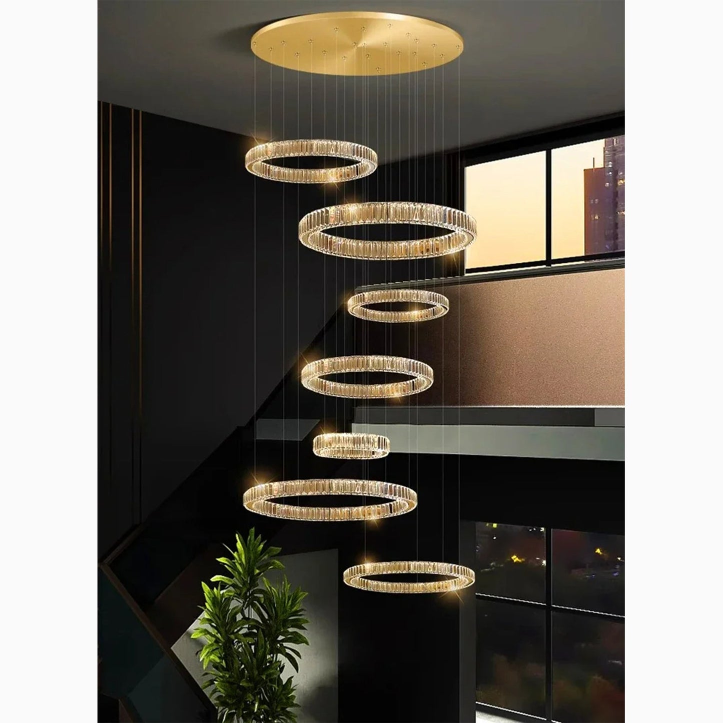 Agrate Conturbia | Stunning Cascading Crystal Rings Pendant Chandelier, Dia50+70+30+40+60+30+40cm / Dia19.7+27.6+11.8+15.7+23.6+11.8+15.7'By Miron Demid LLC