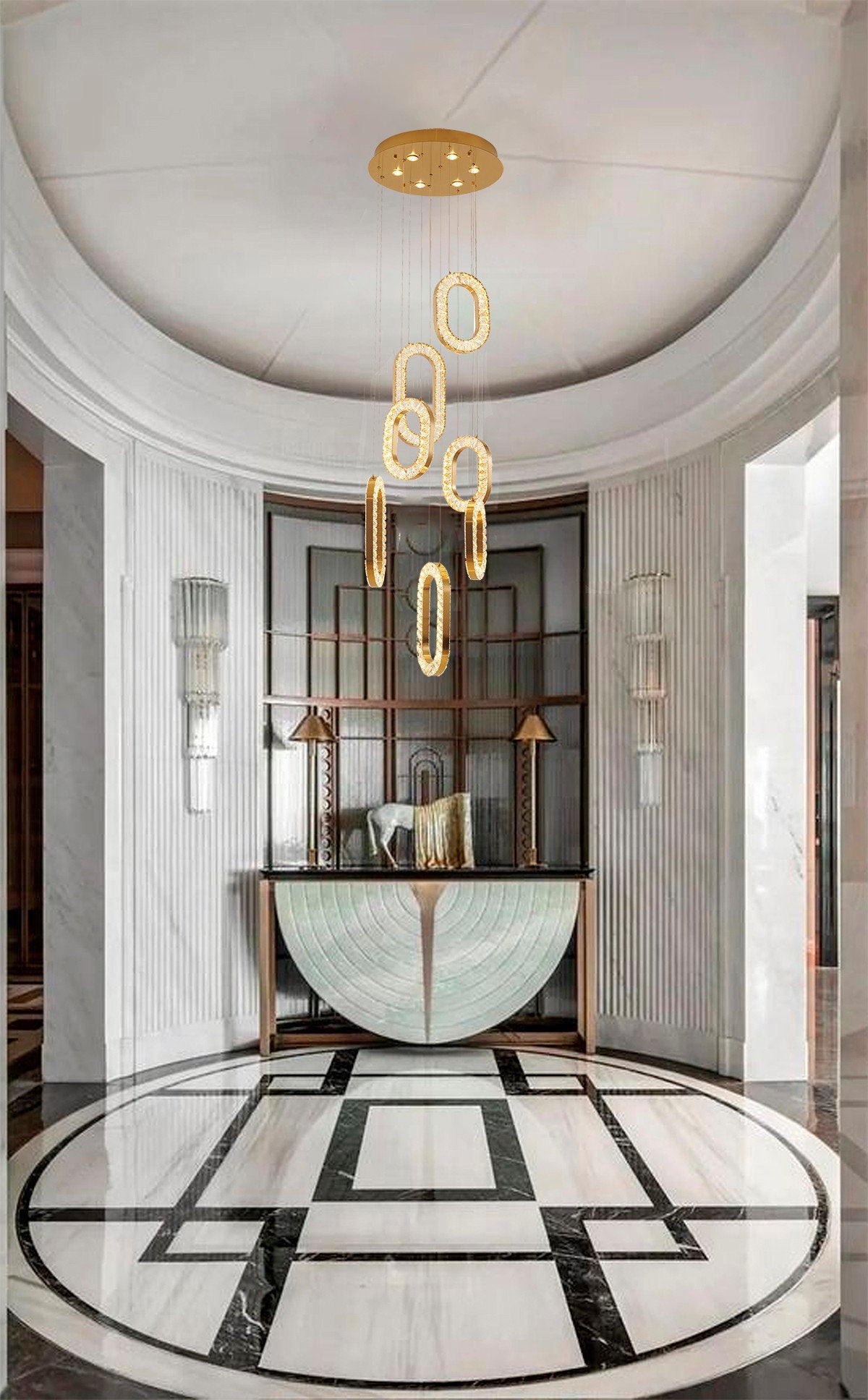 Gold Flushed Frame LED Chandelier With Oval Clear Crystal Hanging PendantsBy Design Living