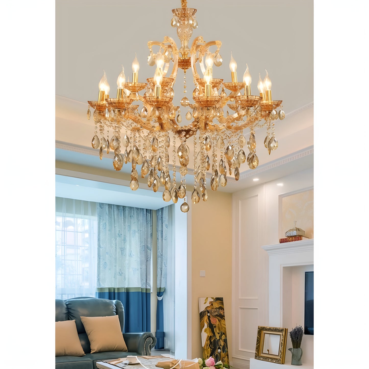 Zenevredo | European-Style Retro Crystal Candle Shape Chandelier, Amber, 15 HeadsBy Miron Demid LLC
