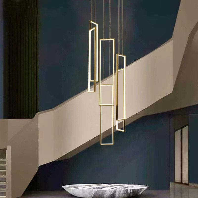 Lavagna | Ultramodern Rectangle Hanging LED Chandelier, Gold, 6 Lights (H177.2"), Cool Light, Non-DimmableBy Miron Demid LLC
