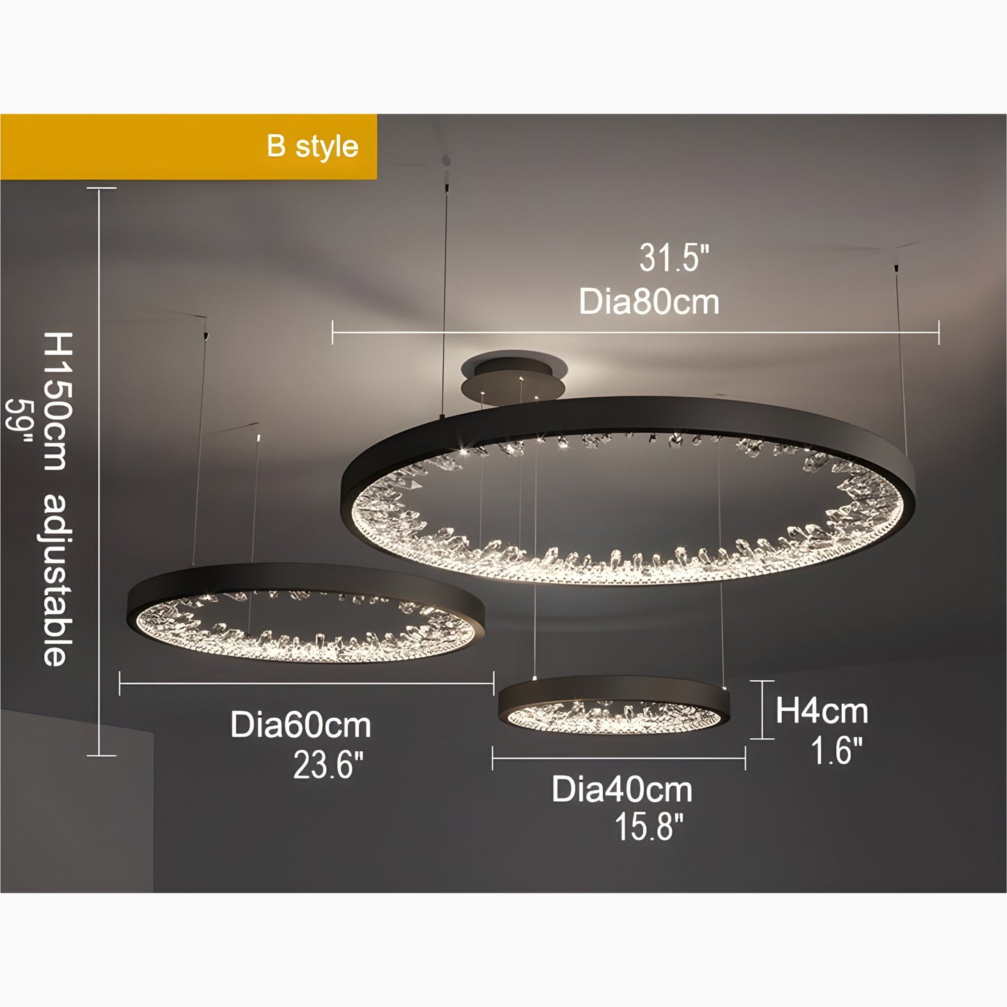 Altidona | Black Rings Modern Crystal Creative Luxury Hanging Led Chandelier, 3 Rings 4 BasesBy Miron Demid LLC