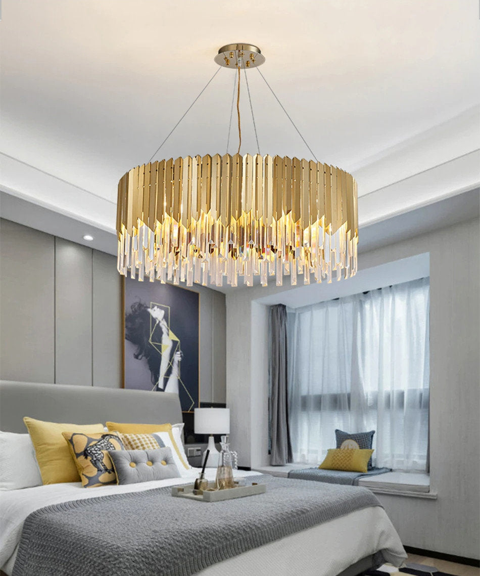 Gent | Drum Gold Crystal Chandelier for Living Room, 31.5"By Miron Demid LLC