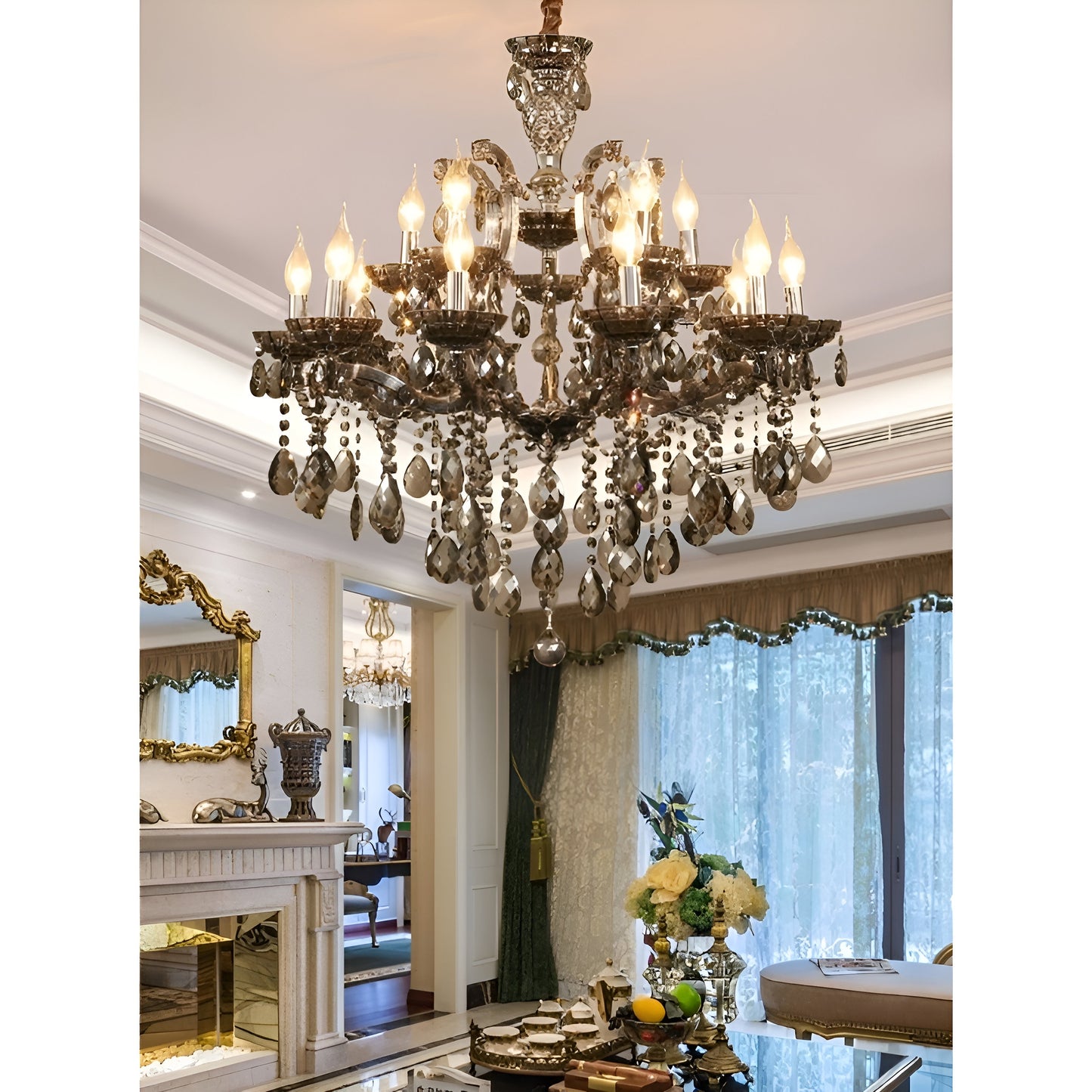 Zenevredo | European-Style Retro Crystal Candle Shape Chandelier, Amber, 15 HeadsBy Miron Demid LLC
