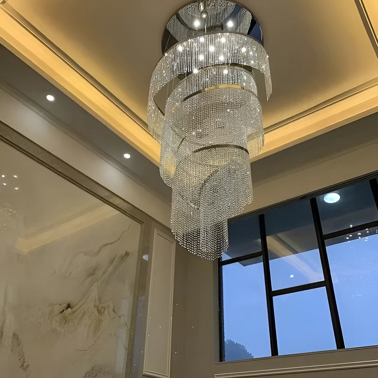 Falicon | Golden/Chrome Crystal Circular Spiral Chandelier, Chrome, Dia 39.4xh118.1", Non-Dimmable, Cool LightBy Miron Demid LLC