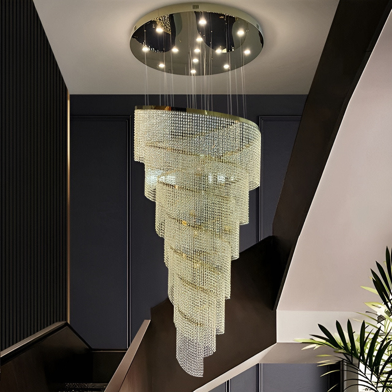 Falicon | Golden/Chrome Crystal Circular Spiral Chandelier, Gold, Dia 39.4xh118.1", Dimmable, Cool LightBy Miron Demid LLC