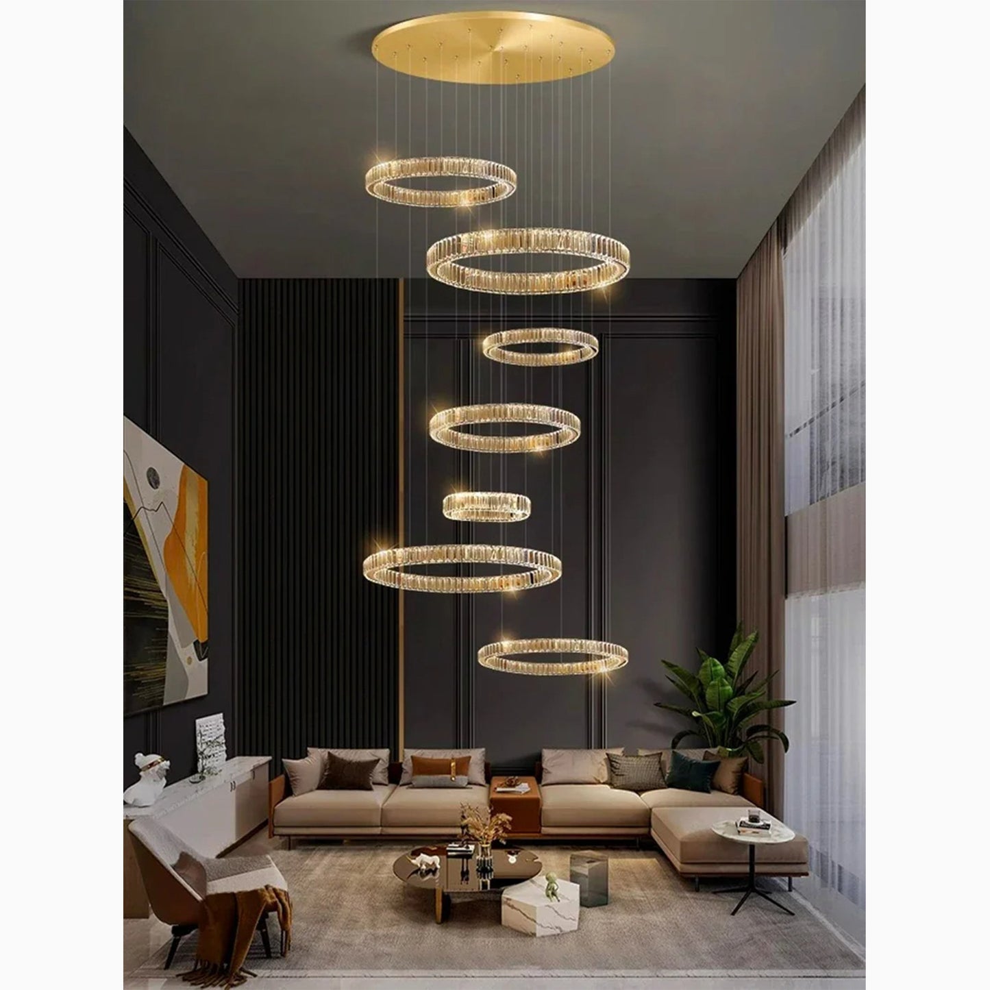 Agrate Conturbia | Stunning Cascading Crystal Rings Pendant Chandelier, Dia50+70+30+40+60+30+40cm / Dia19.7+27.6+11.8+15.7+23.6+11.8+15.7'By Miron Demid LLC