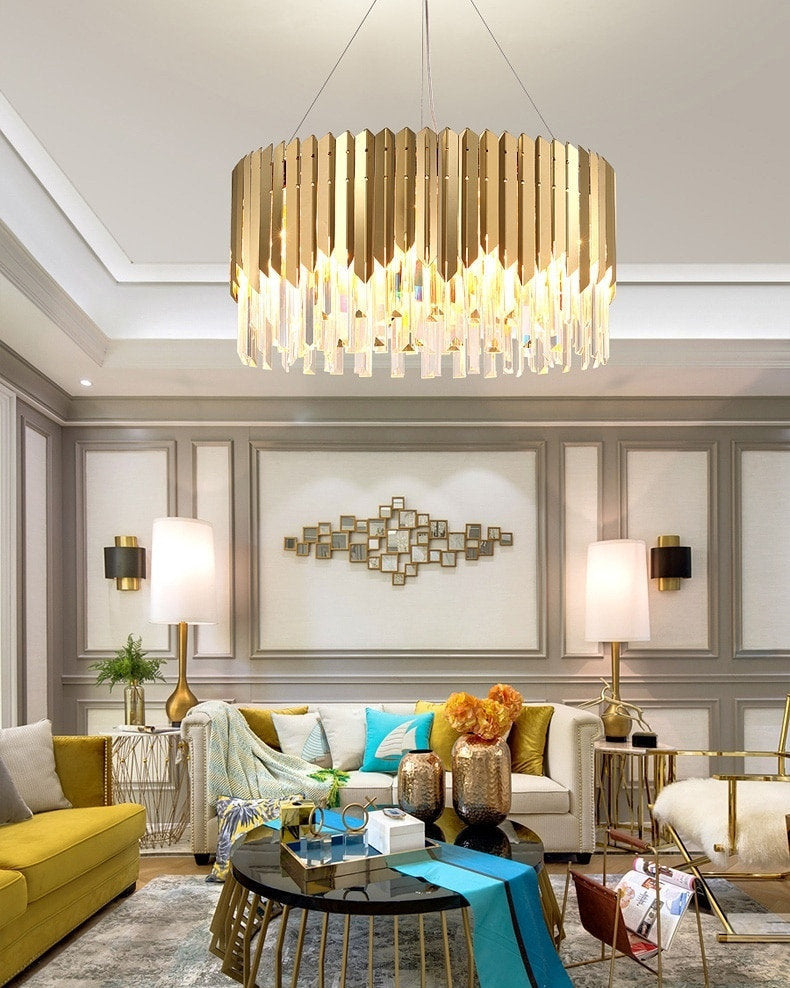 Gent | Drum Gold Crystal Chandelier for Living Room, 31.5"By Miron Demid LLC