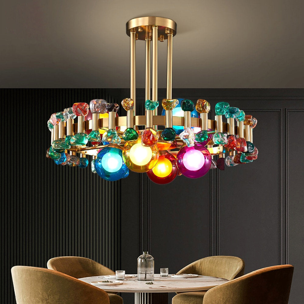 Kloten | Modern Drum Colorful Crystal Chandelier for Living Room, Colorful Crystal, 8 Bulbs - Dia23.6"By Miron Demid LLC