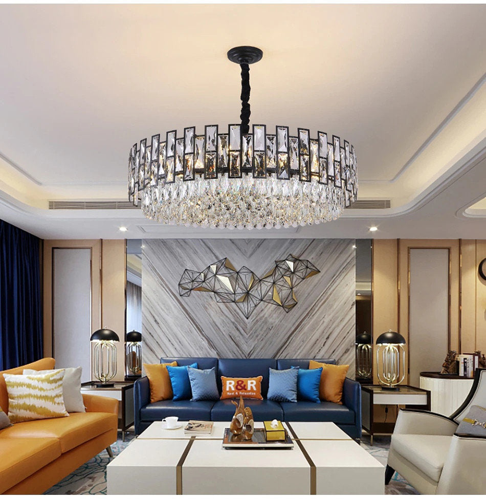 Quiliano | Modern Drum Black Crystal Ceiling Chandelier, Dia82cm/Dia32.3''By Miron Demid LLC