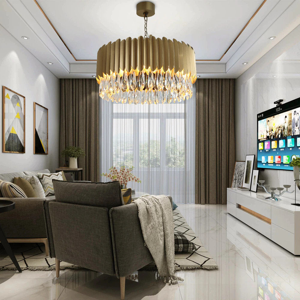 Almese | Drum Gold/Black Crystal Chandelier For Living Room, Gold, Dia23.6"By Miron Demid LLC