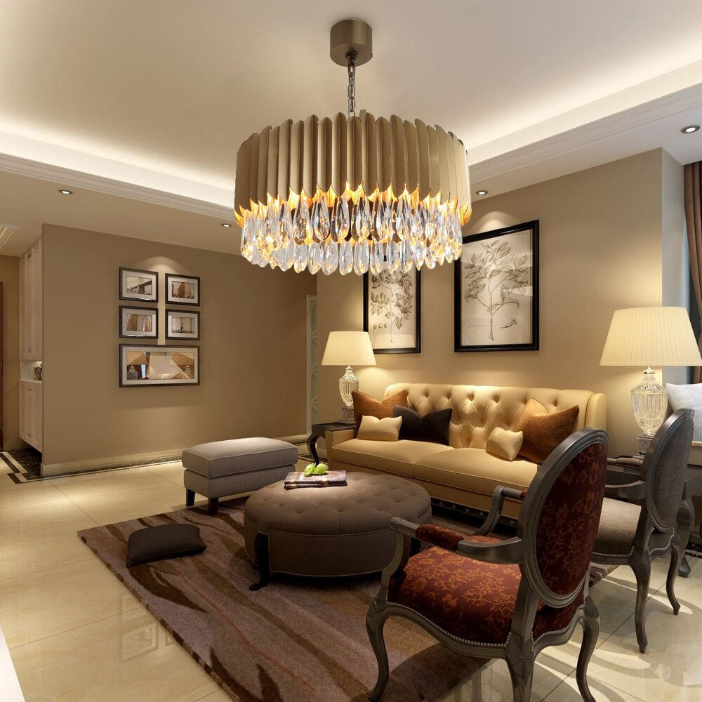 Almese | Drum Gold/Black Crystal Chandelier For Living Room, Gold, Dia23.6"By Miron Demid LLC