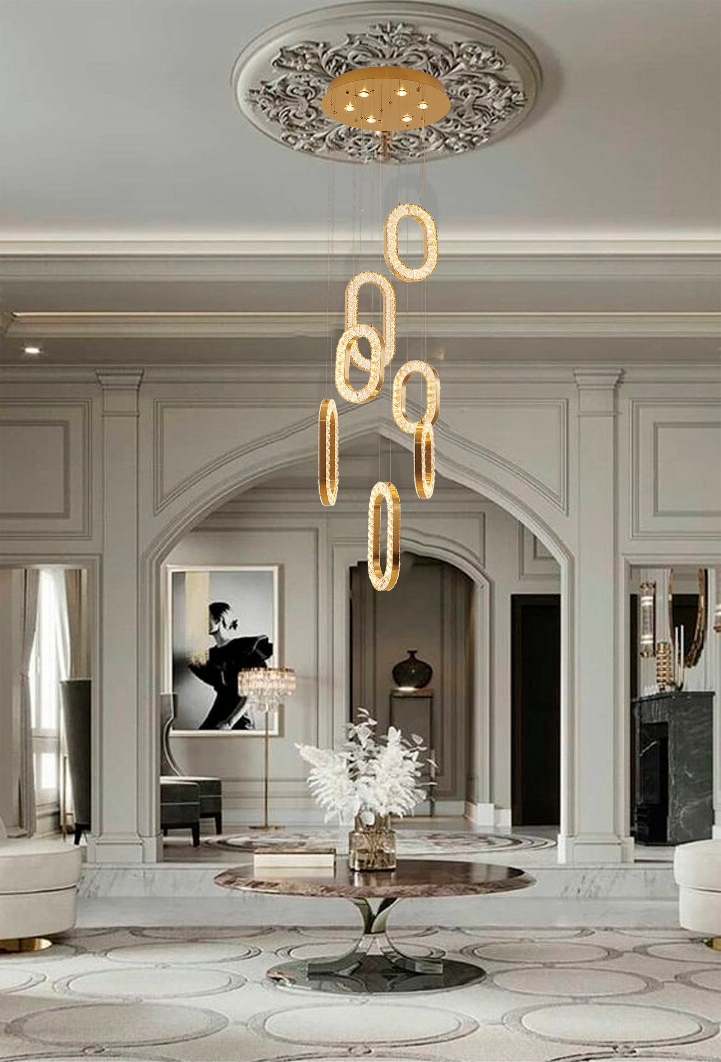 Gold Flushed Frame LED Chandelier With Oval Clear Crystal Hanging PendantsBy Design Living