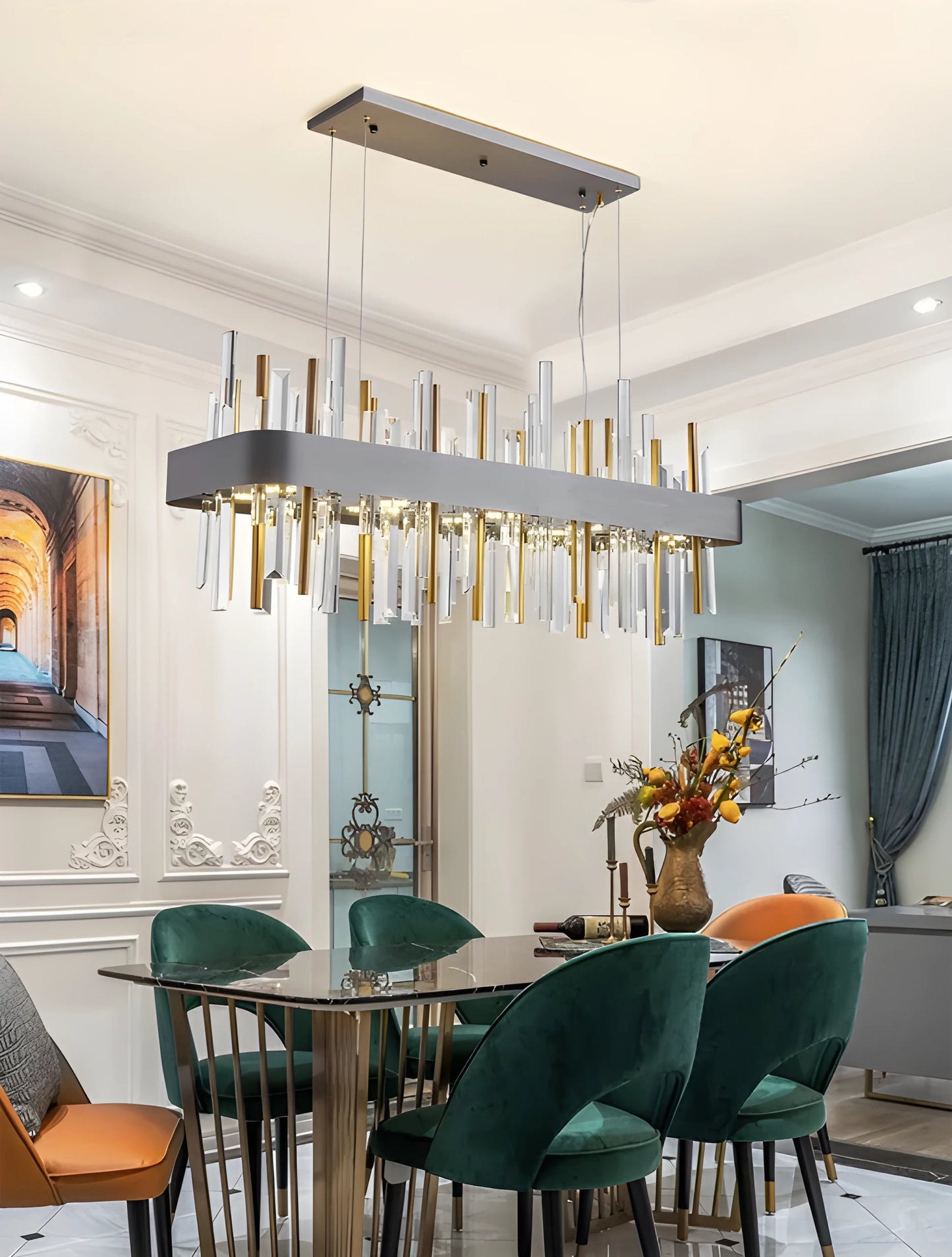 Gold And Black Rectangle Crystal Kitchen Chandelier, Brushed Black, 43.3", Cool LightBy Miron Demid LLC