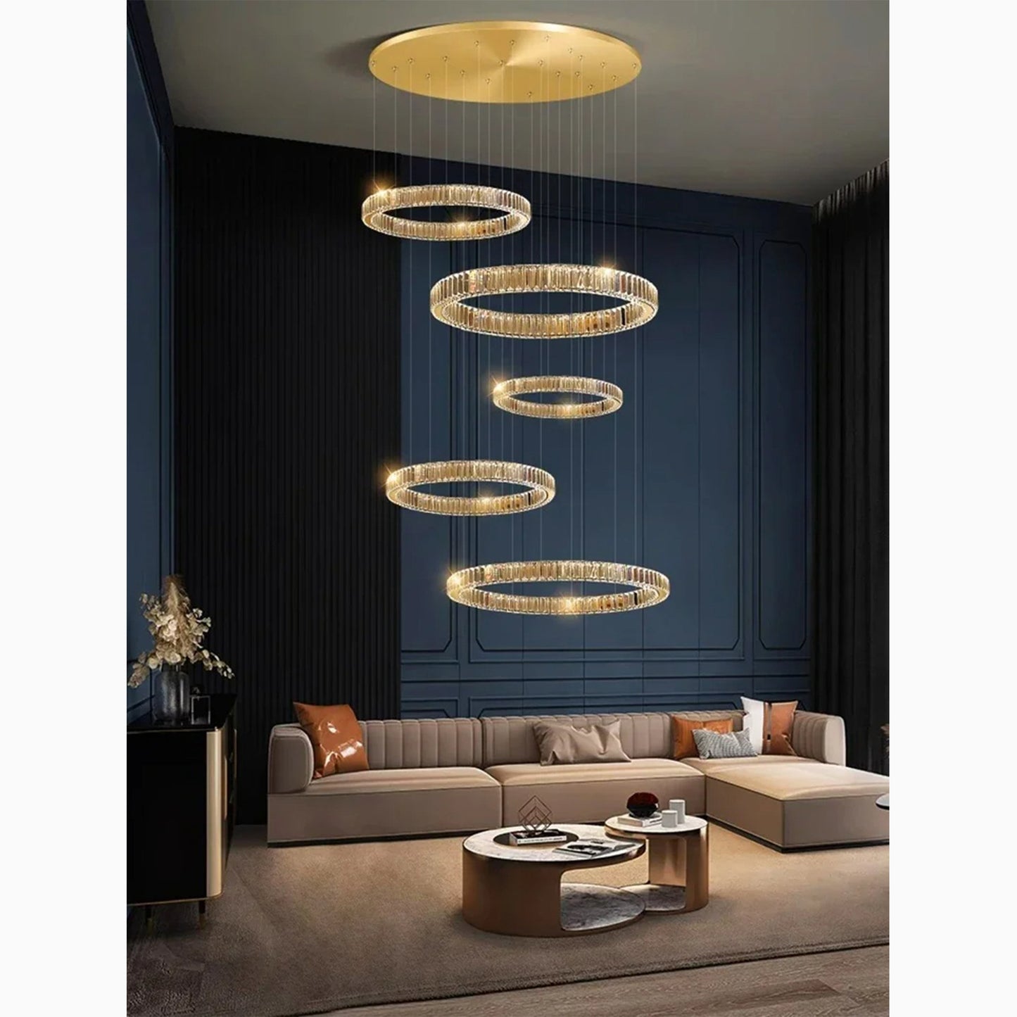 Agrate Conturbia | Stunning Cascading Crystal Rings Pendant Chandelier, Dia50+70+30+40+60+30+40cm / Dia19.7+27.6+11.8+15.7+23.6+11.8+15.7'By Miron Demid LLC