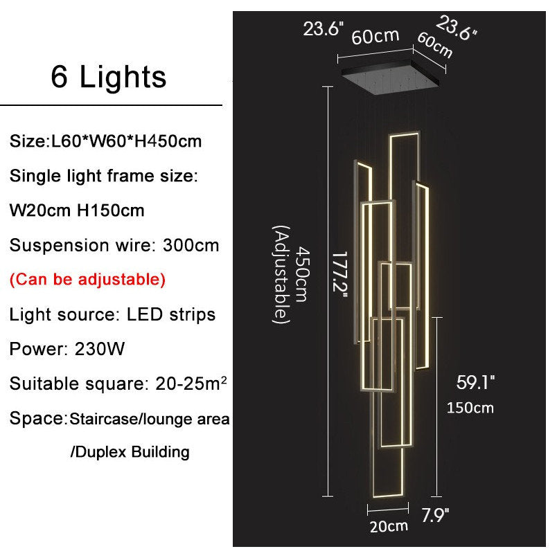 Lavagna | Ultramodern Rectangle Hanging LED Chandelier, Gold, 6 Lights (H177.2"), Cool Light, Non-DimmableBy Miron Demid LLC