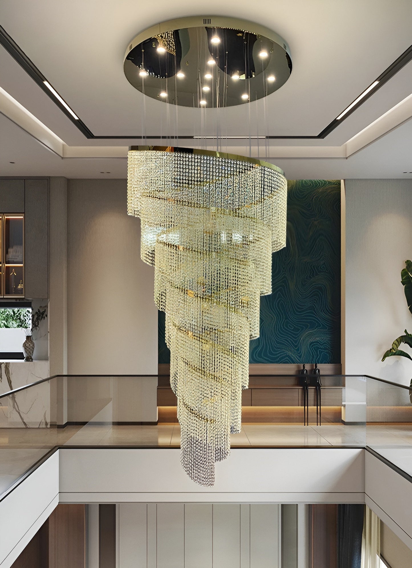 Falicon | Golden/Chrome Crystal Circular Spiral Chandelier, Gold, Dia 39.4xh118.1", Non-Dimmable, Cool LightBy Miron Demid LLC
