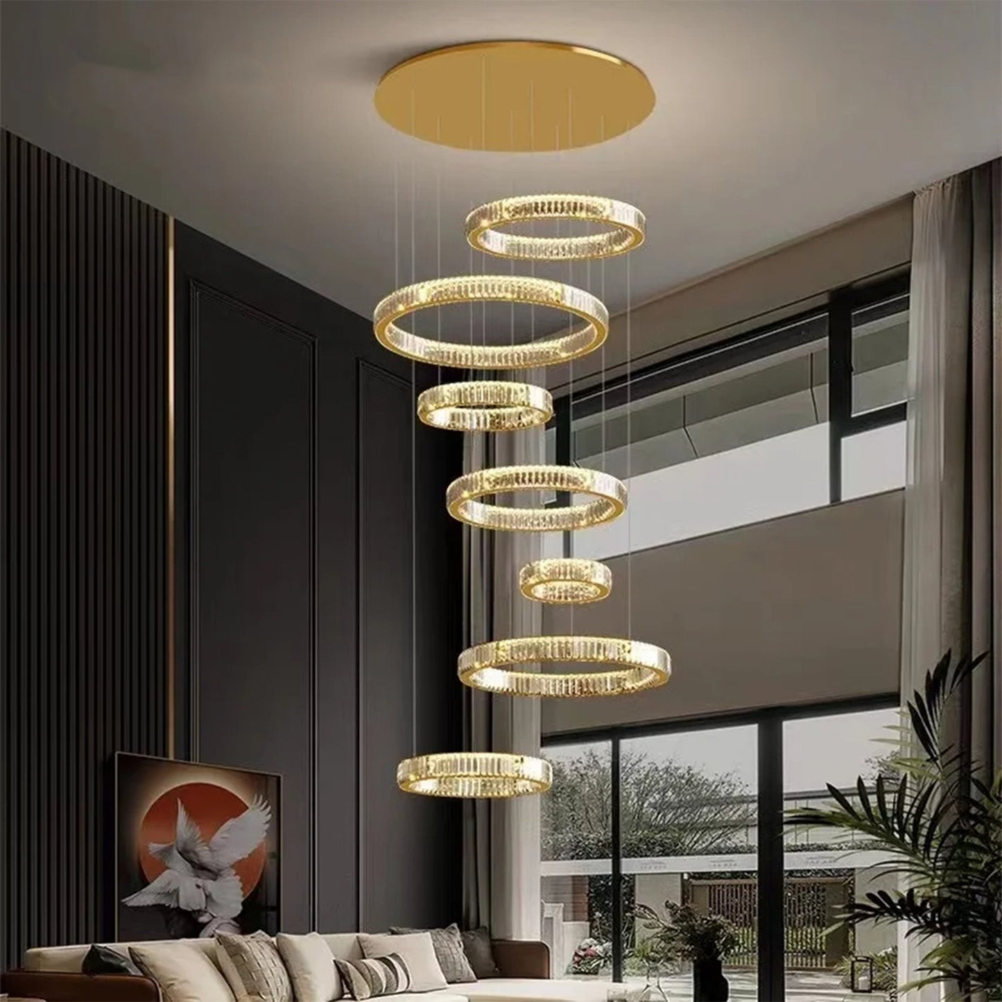 Agrate Conturbia | Stunning Cascading Crystal Rings Pendant Chandelier, Dia50+70+30+40+60+30+40cm / Dia19.7+27.6+11.8+15.7+23.6+11.8+15.7'By Miron Demid LLC