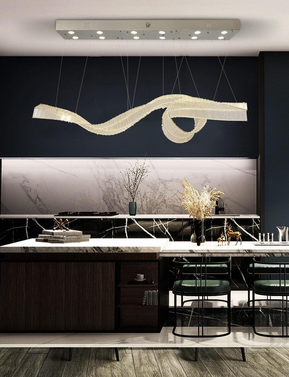 Alassio | Creative LED Chandelier in the Shape of Ribbon, Silver, L47.2" / L120.0cm, Cool Light, DimmableBy Miron Demid LLC
