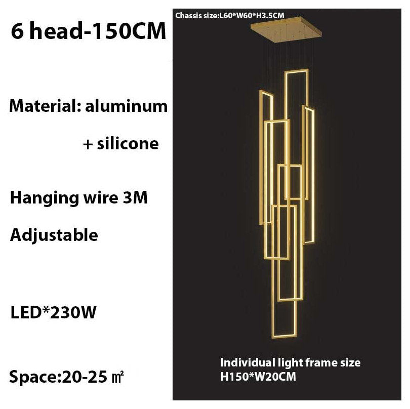 Lavagna | Ultramodern Rectangle Hanging LED Chandelier, Gold, 6 Lights (H177.2"), Cool Light, Non-DimmableBy Miron Demid LLC