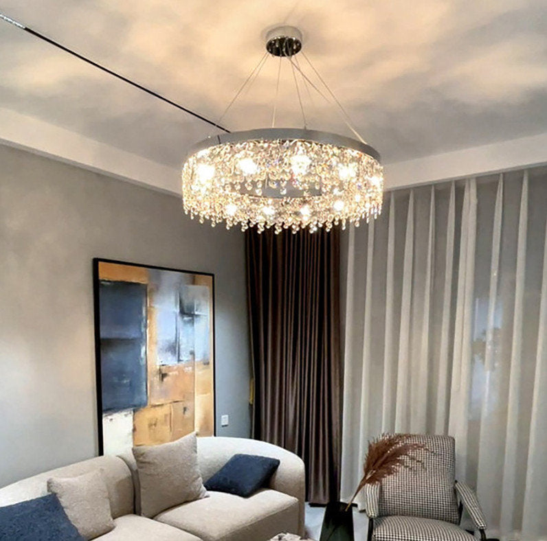Modern Chrome Crystal LED Chandelier for Dining Room, Kitchen, Dia39.4xh7.0+39.4", 1 Ring, Cool LightBy Miron Demid LLC