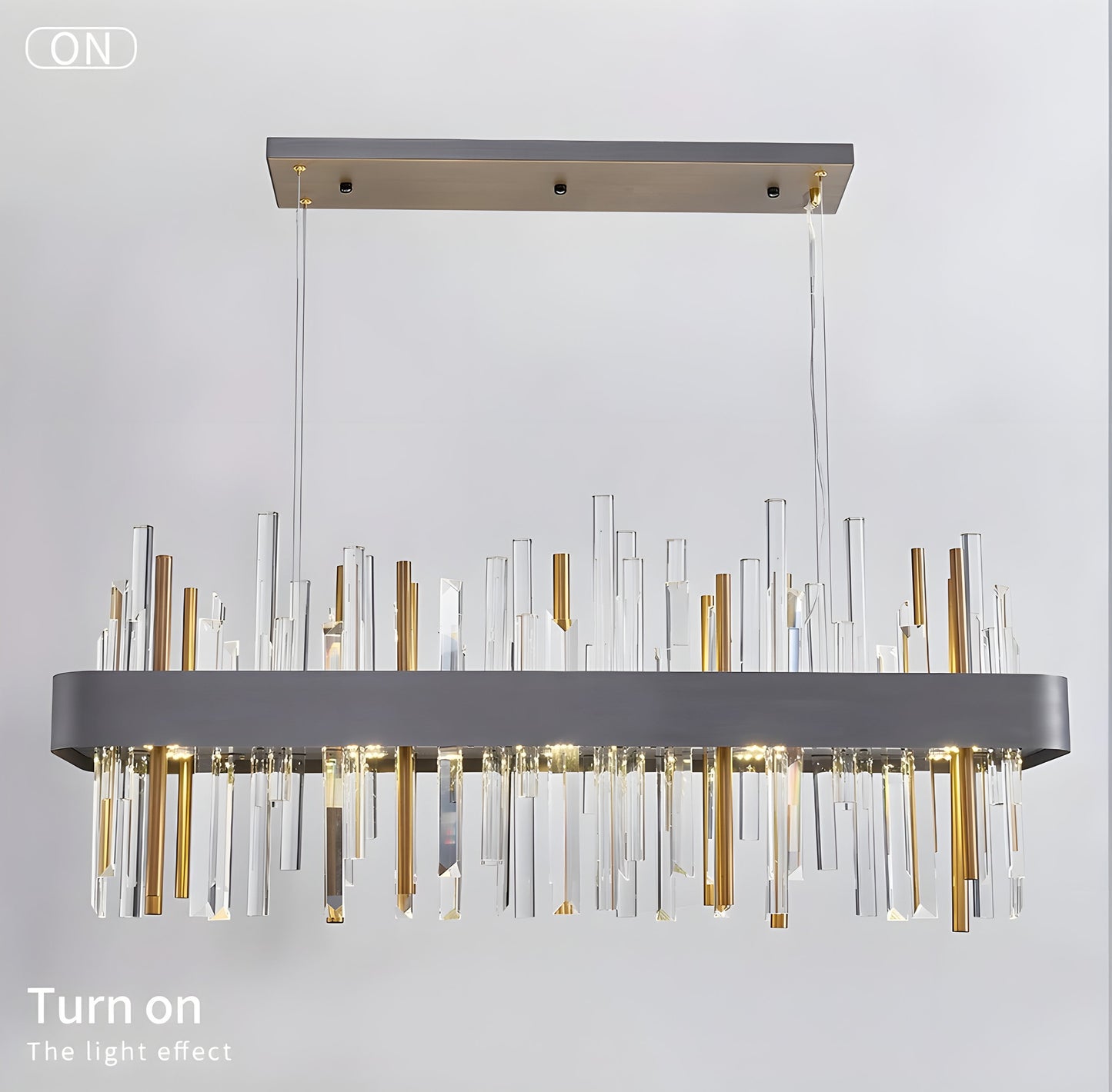 Gold And Black Rectangle Crystal Kitchen Chandelier, Brushed Black, 43.3", Cool LightBy Miron Demid LLC