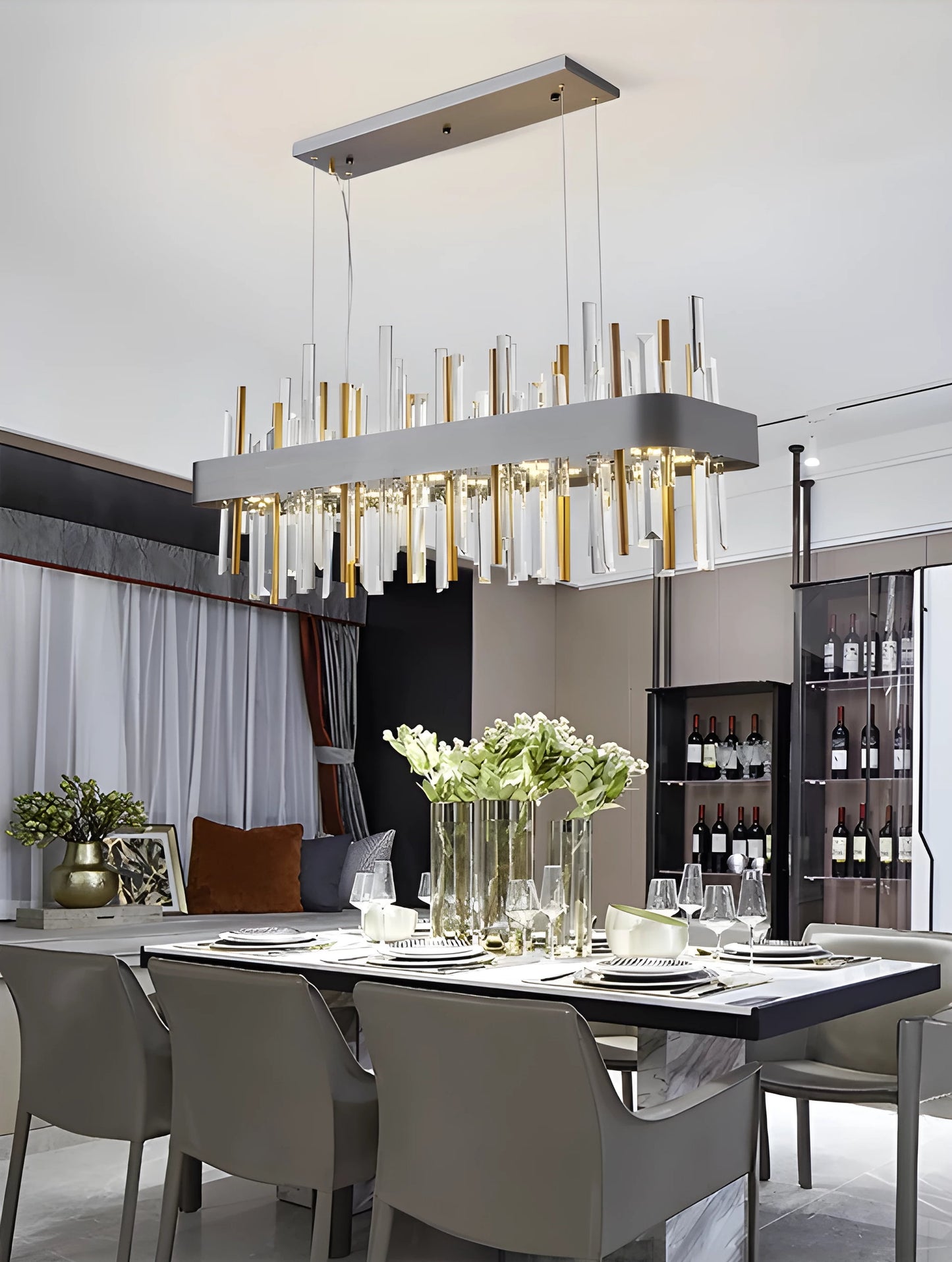 Gold And Black Rectangle Crystal Kitchen Chandelier, Brushed Black, 43.3", Cool LightBy Miron Demid LLC