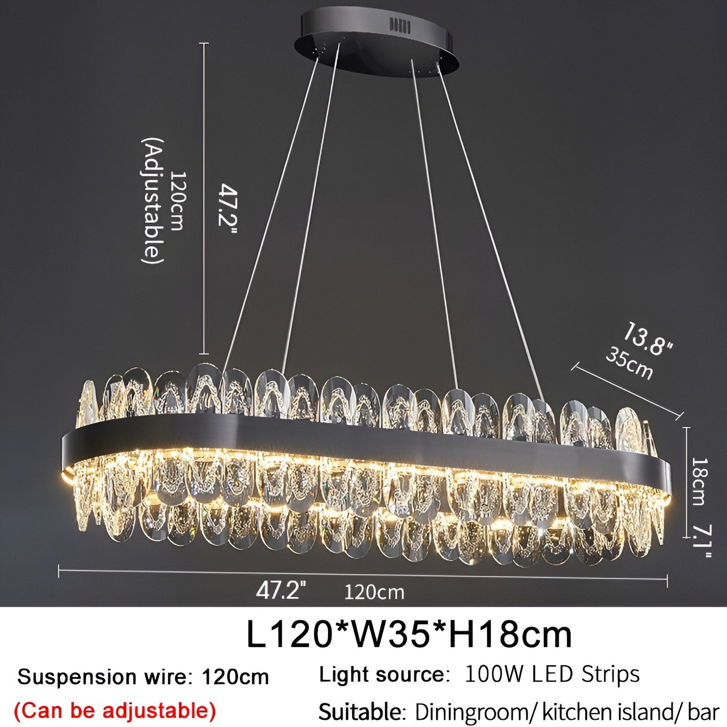 Agna | Creative Rectangle Hanging Crystal LED Chandelier for Living Room, Gold, Large - L47.2" / L120cm, Warm Light, Non-DimmableBy Miron Demid LLC
