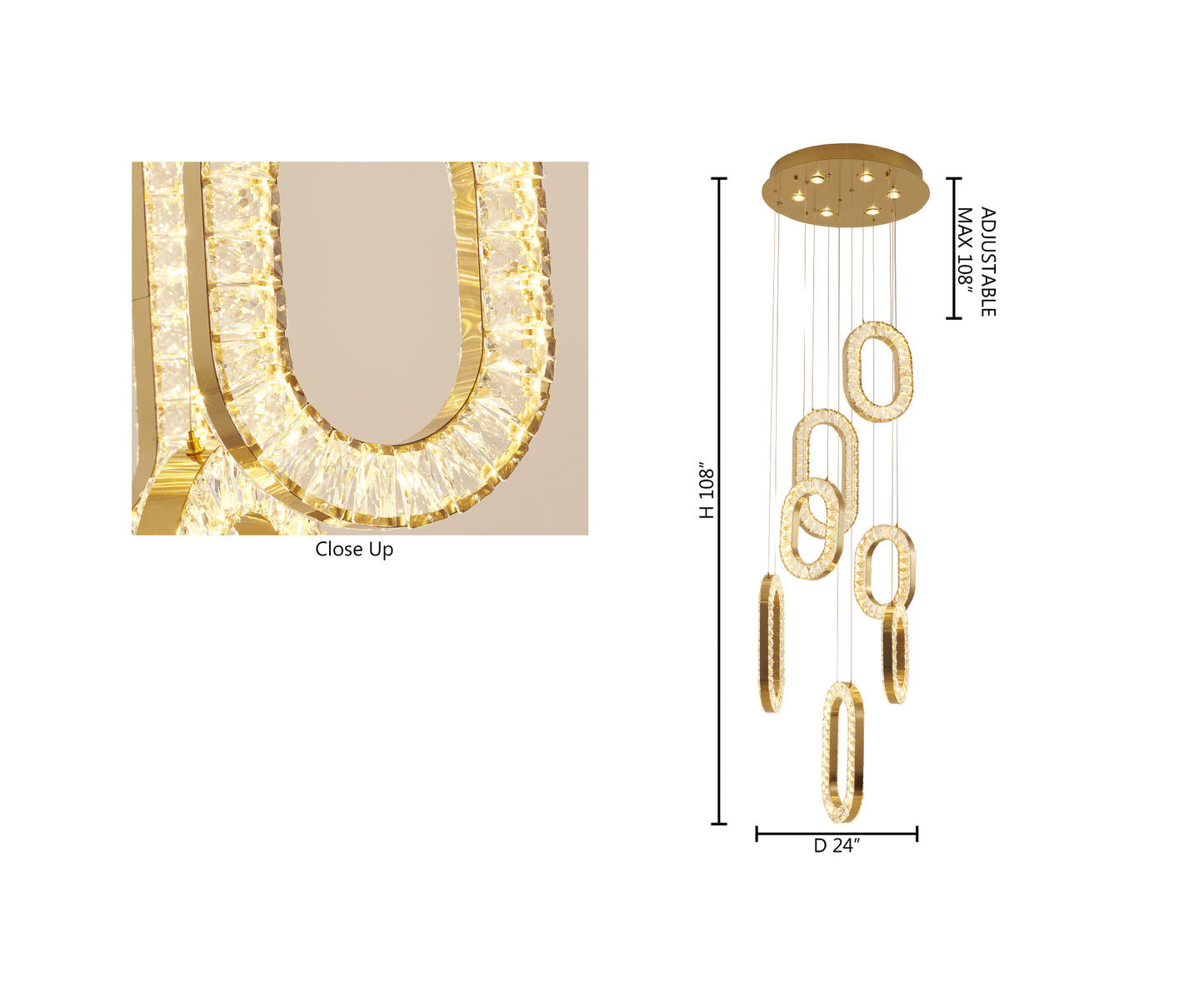 Gold Flushed Frame LED Chandelier With Oval Clear Crystal Hanging PendantsBy Design Living