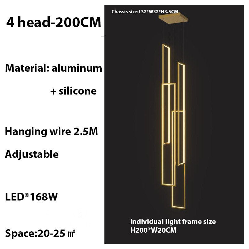 Lavagna | Ultramodern Rectangle Hanging LED Chandelier, Gold, 4 Lights (H177.2"), Cool Light, Non-DimmableBy Miron Demid LLC