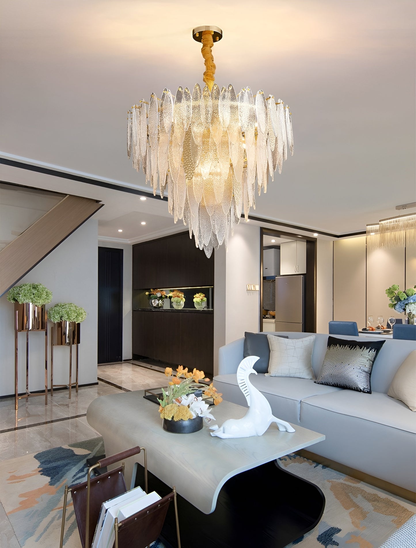 Altavilla Irpina | Round Gold Frosted/Smoke Gray/Blue Crystal Chandelier, Gold, Dia31.5"By Miron Demid LLC