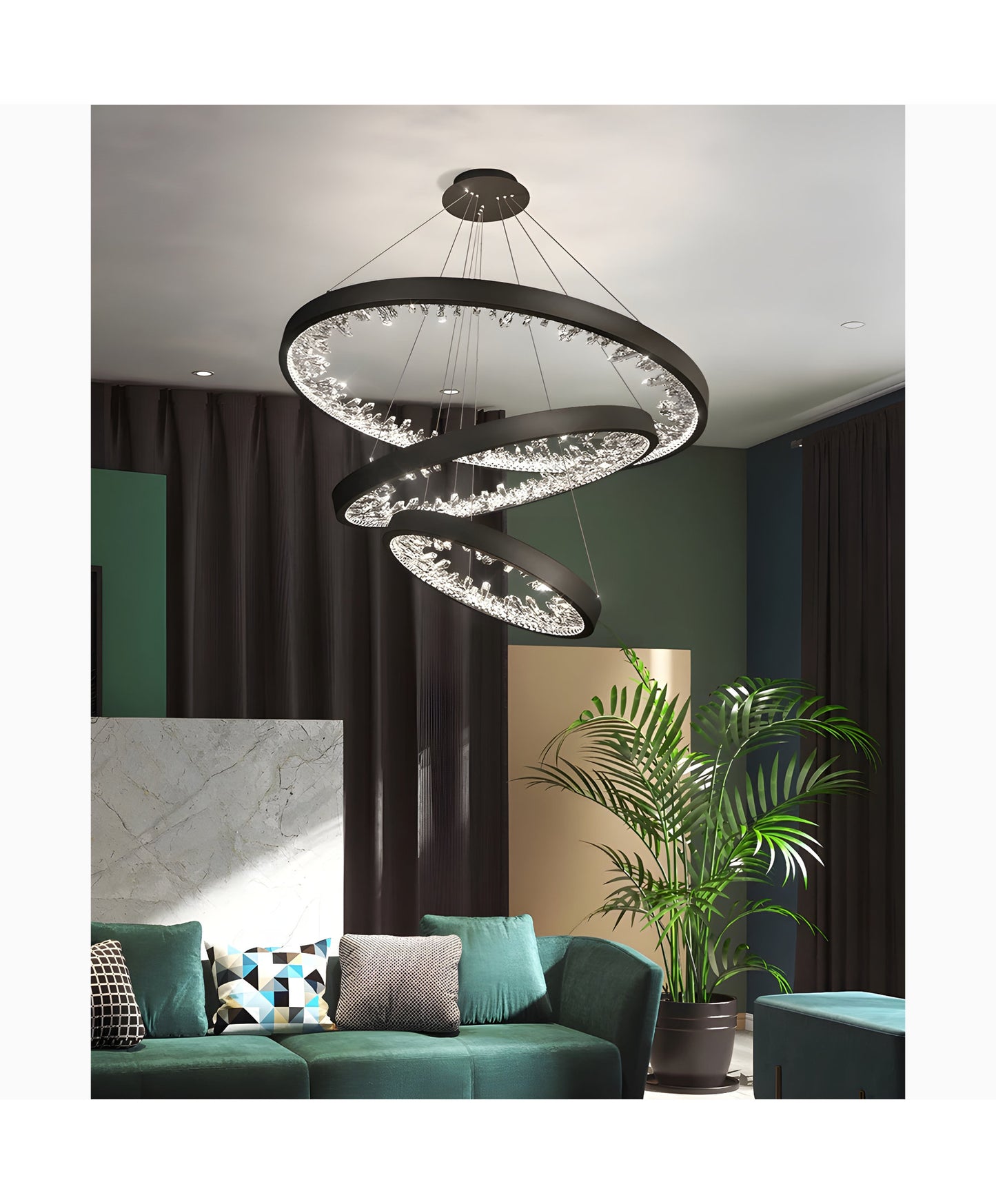 Altidona | Black Rings Modern Crystal Creative Luxury Hanging Led Chandelier, 3 Rings 4 BasesBy Miron Demid LLC