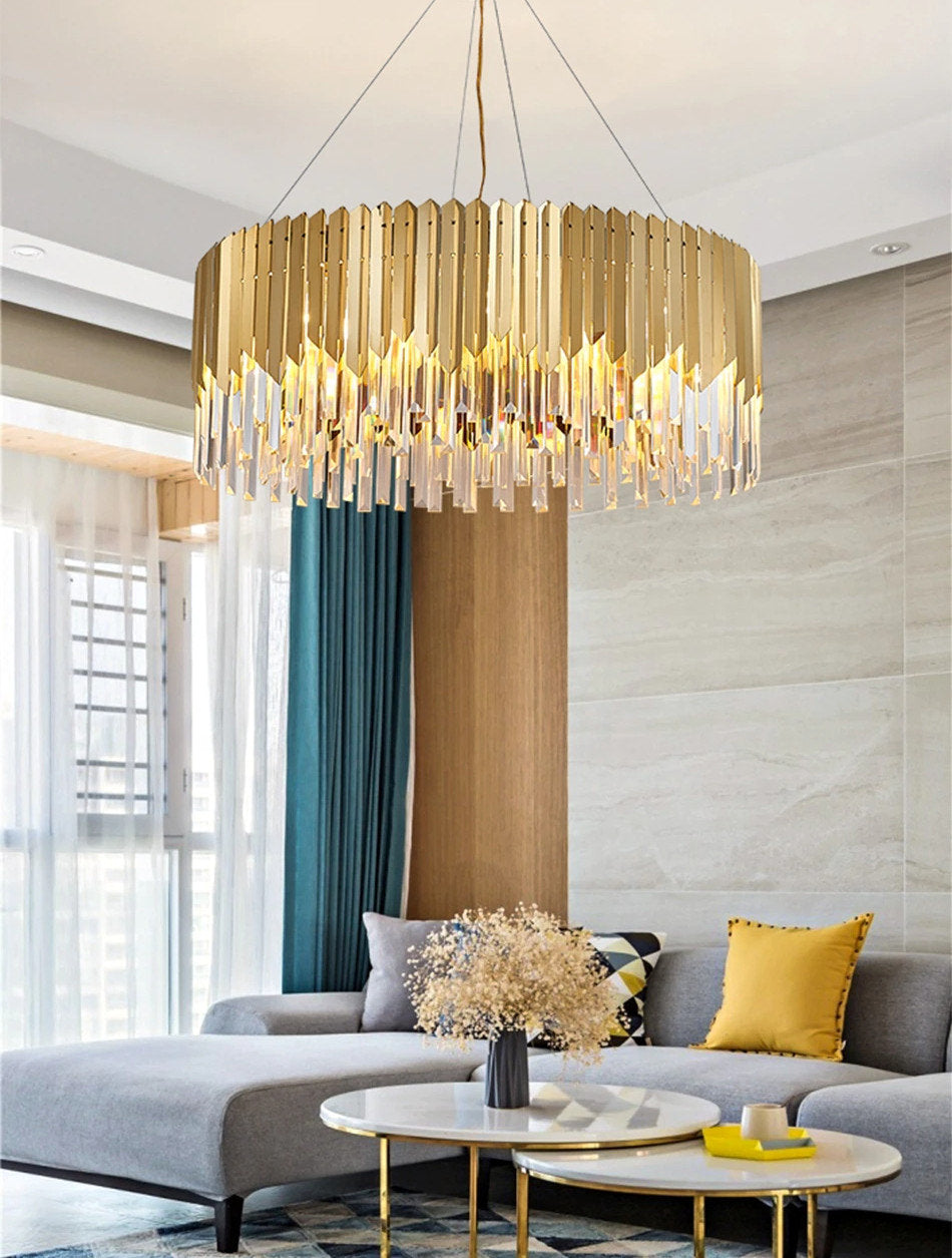 Gent | Drum Gold Crystal Chandelier for Living Room, 31.5"By Miron Demid LLC