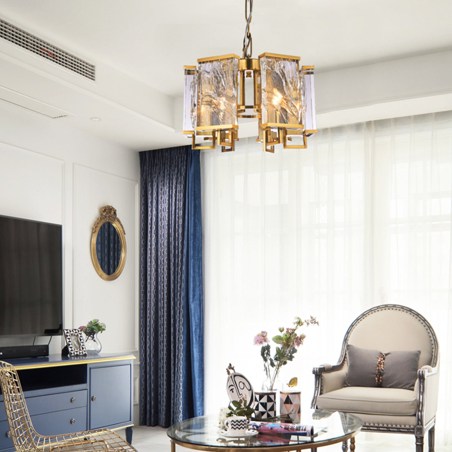 Chandelier With Textured Crystal Plaques, BrassBy Design Living