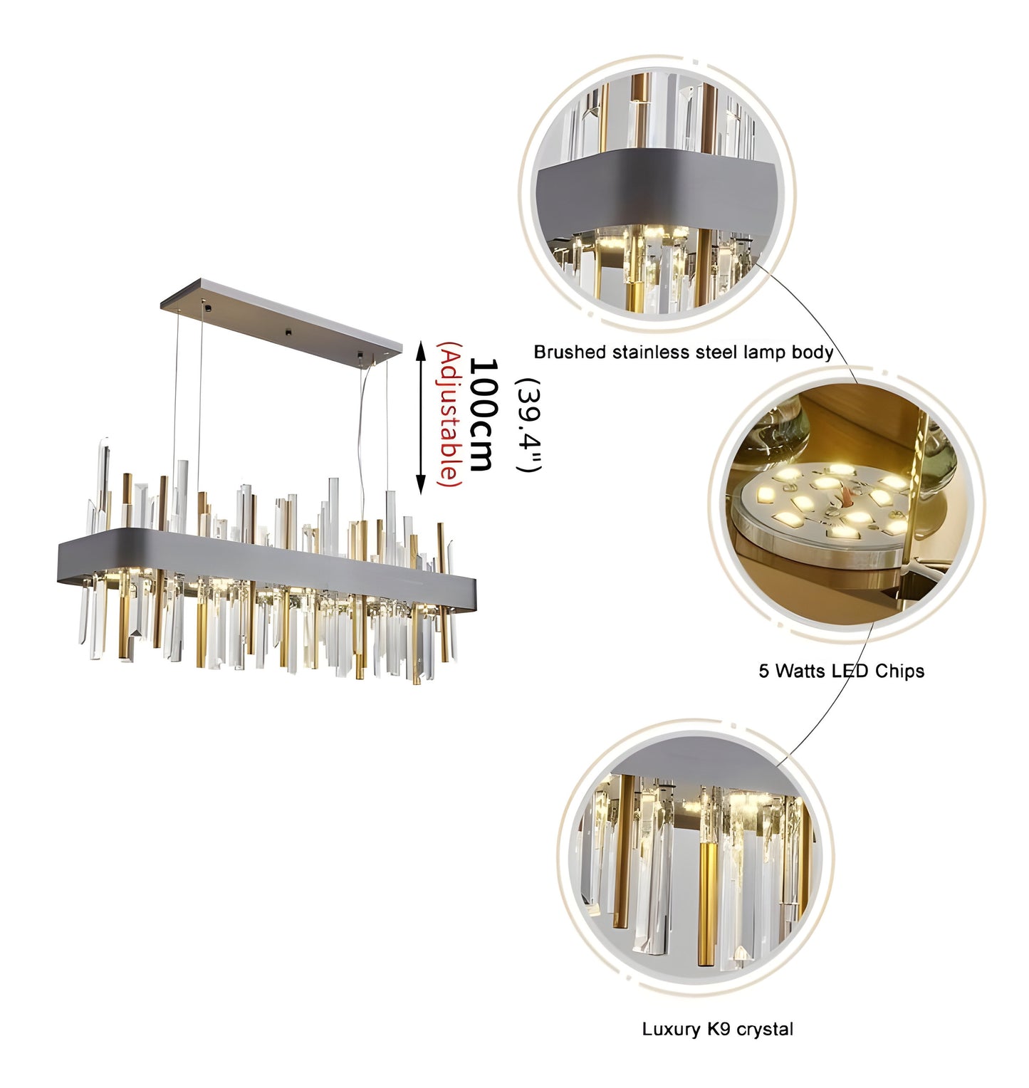 Gold And Black Rectangle Crystal Kitchen Chandelier, Brushed Black, 43.3", Cool LightBy Miron Demid LLC