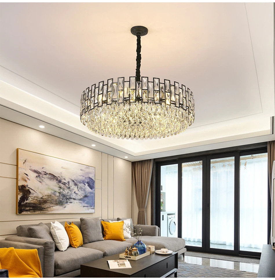 Quiliano | Modern Drum Black Crystal Ceiling Chandelier, Dia82cm/Dia32.3''By Miron Demid LLC