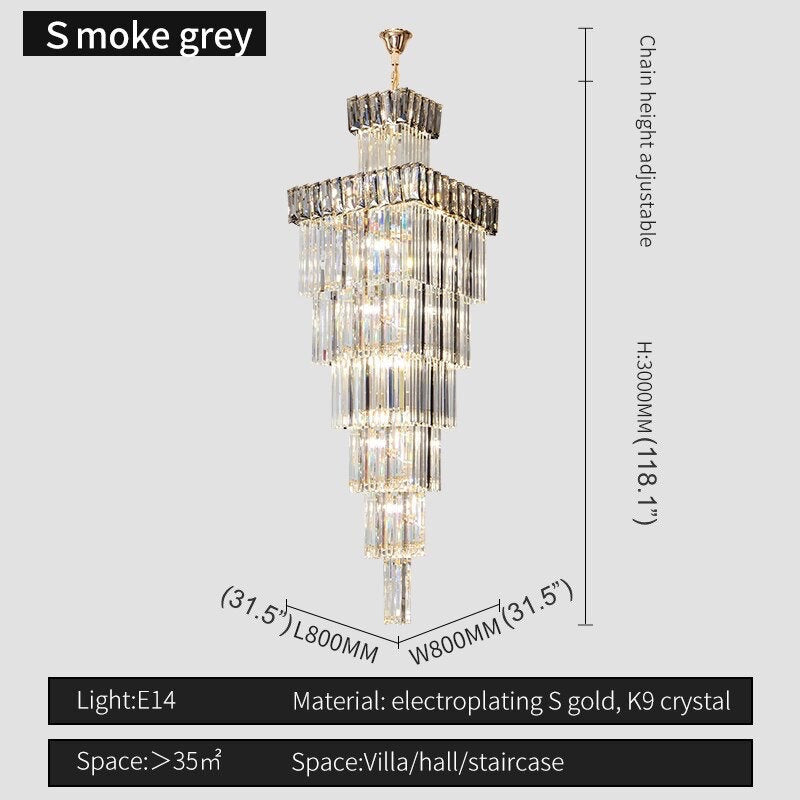 Beuil | High-end Villa Staircase Square Crystal Chandelier, Smoke Gray, H118.1"By Miron Demid LLC