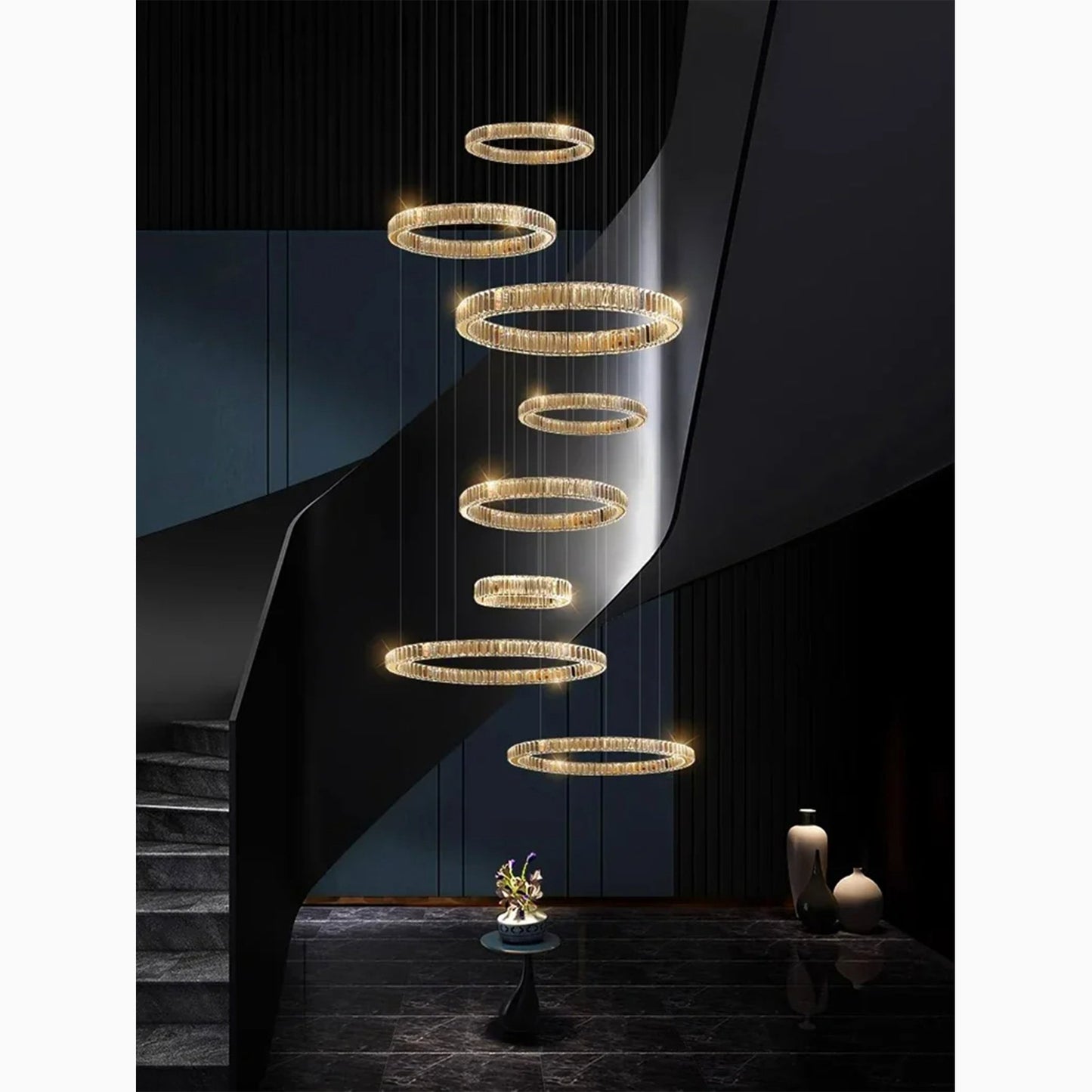 Agrate Conturbia | Stunning Cascading Crystal Rings Pendant Chandelier, Dia50+70+30+40+60+30+40cm / Dia19.7+27.6+11.8+15.7+23.6+11.8+15.7'By Miron Demid LLC